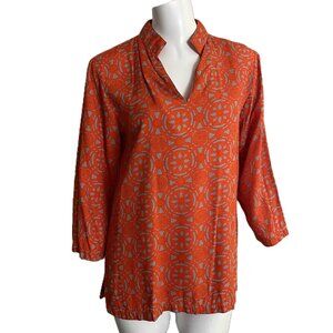 Escapada Top Womens Medium Orange Gray Boho Print V Neck Resort Boho Pullover
